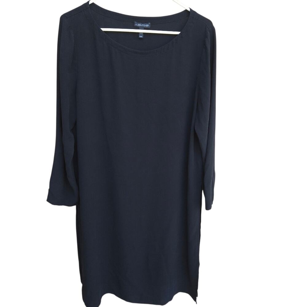 Eileen Fisher Slit Sides Silk Midi Dress‎ Black Long Sleeves Sz M